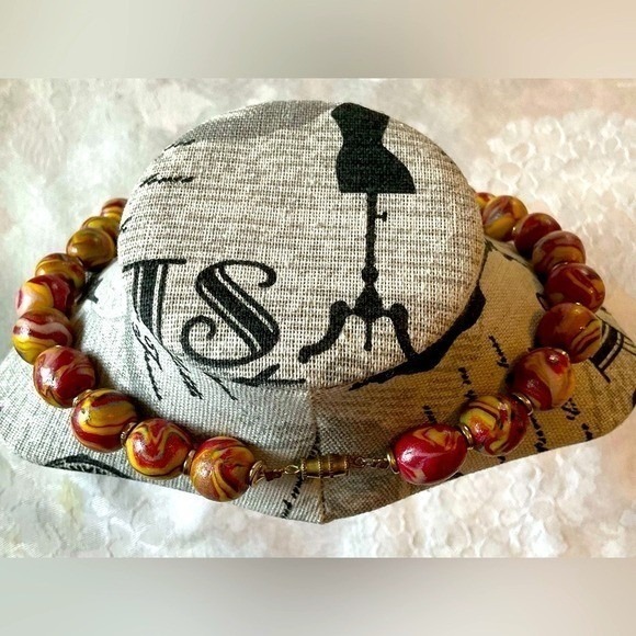 Marbled Bead Necklace Red Yellow Swirl Statement Choker - Picture 3 of 8